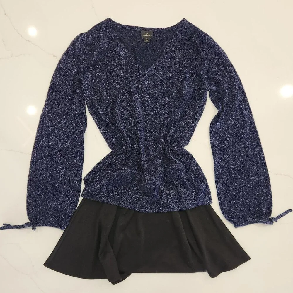 Worthington Sz M Sparkle Women Blouse Shirt Long Sleeve Blue Metallic Glam vneck - Picture 3 of 10
